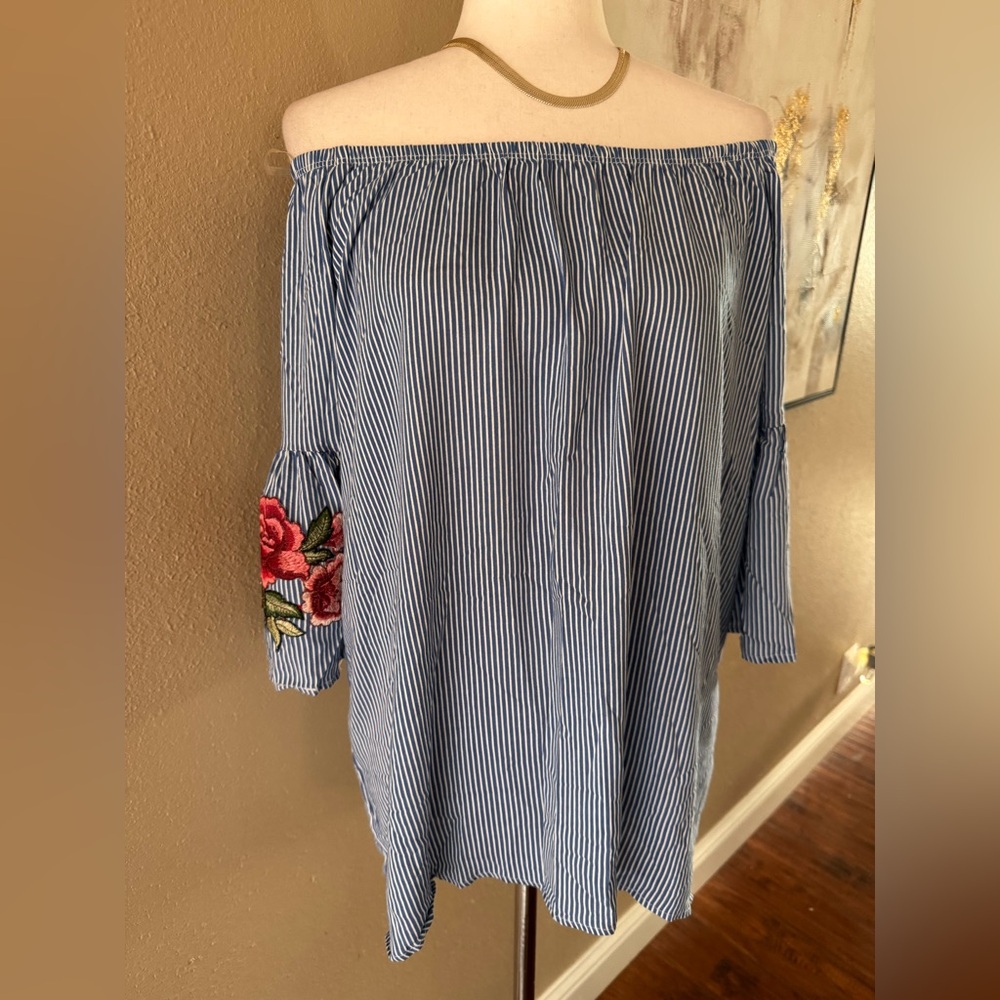 Annabelle Blue Striped Off-Shoulder Blouse with Floral Embroidery - Picture 4 of 7